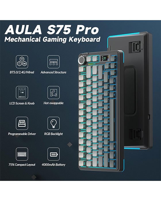 Aula S75 Pro Wireless + Bluetooth HotSwap Mechanical RGB Gaming Keyboard (Gradient Black)