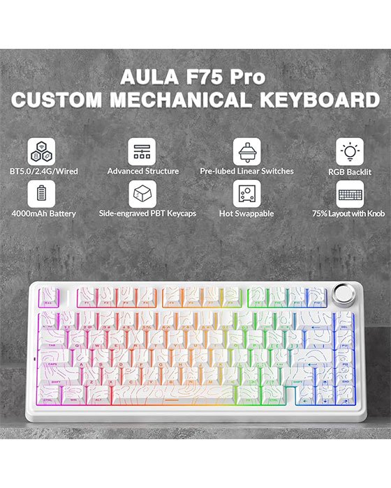 Aula F75 Pro Wireless + Bluetooth HotSwap Mechanical RGB Gaming Keyboard (White Line)