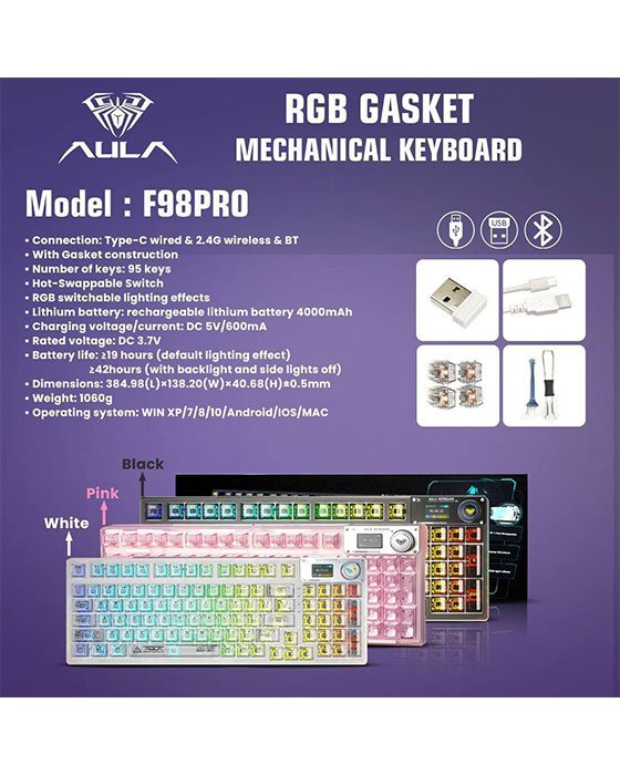 Aula F98 Pro V3 Wireless + Bluetooth HotSwap Mechanical RGB Gaming Keyboard (White)