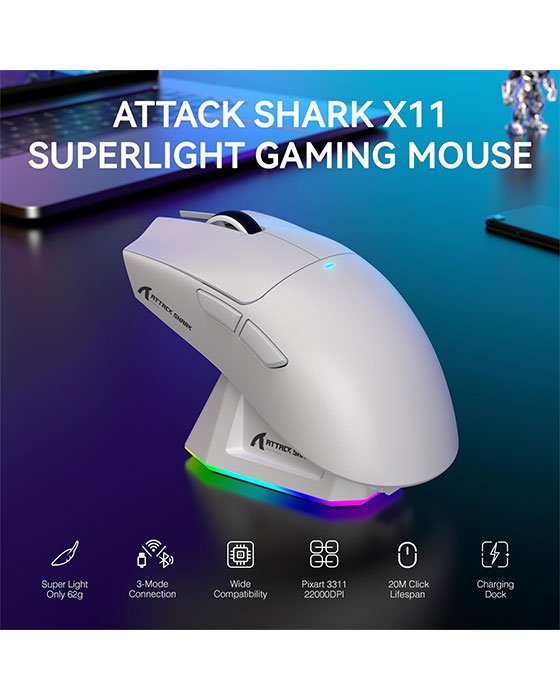 Attack Shark X11 Wireless + Bluetooth Gaming Mouse (White)