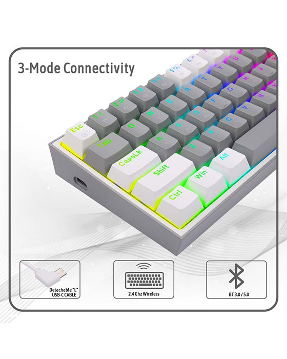 Redragon K616 Fizz PRO 60% 3-Mode Wired, 2.4Ghz Wireless, Bluetooth Mechanical Gaming Keyboard