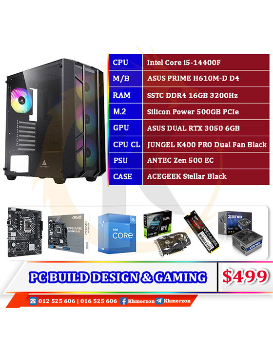 Intel Core i5 14400F (GPU ASUS RTX3050 6GB) D​ESKTOP PC BUILD​​ FOR DESIGN AND GAMING