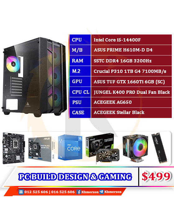 Intel Core i5 14400F (GPU ASUS GTX1660Ti 6GB SC) D​ESKTOP PC BUILD​​ FOR DESIGN AND GAMING